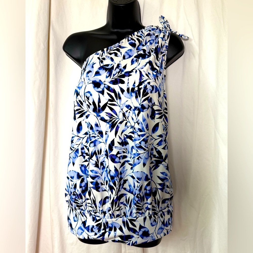 Women's Sz XL Swimsuit Top Only One Shoulder and‎ Gathered Waist Blue/Wht Floral